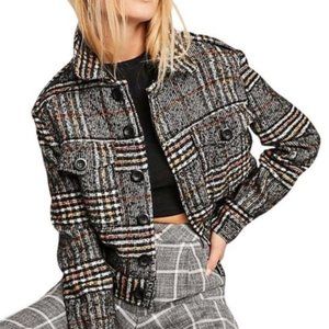 Free People Slouchy Eisenhower Gray Plaid Cropped Jacket Size XS